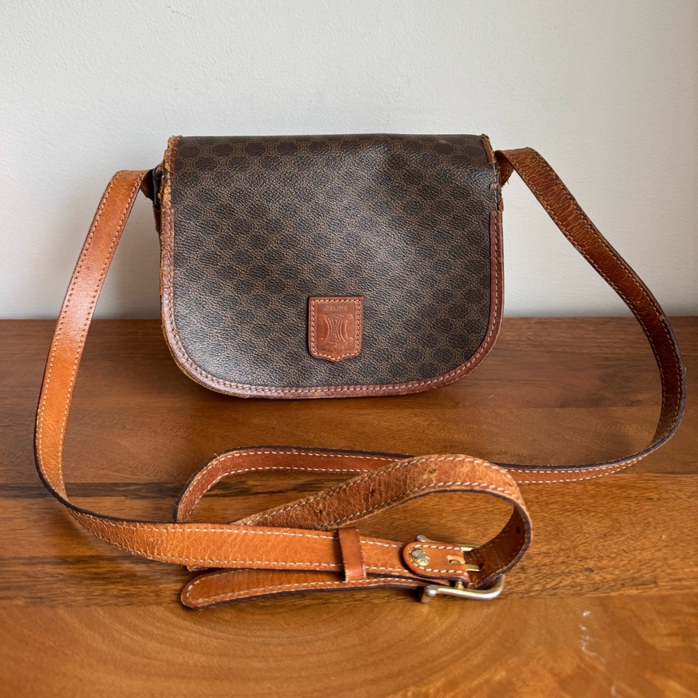 CELINE Vintage Macadam Messenger Brown Leather Crossbody Bag